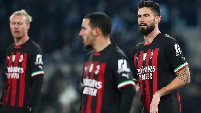 Olivier Giroud of Milan (R) reacts during the Italian soccer match between SS Lazio and AC Milan at Olimpico stadium in Rome, Italy, 24 January 2023. ANSA/FEDERICO PROIETTI