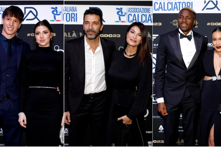 Giovanni Fabbian con la fidanzata; Gianluigi Buffon e Ilaria D'Amico; Victor Osimhen con la fidanzata Stephanie
