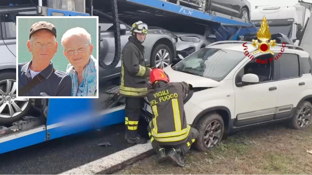 Le auto accartocciate e nel riquadro le vittime: Pietro Pelucchi, 75 anni e la moglie Antonella Mombelli, 68