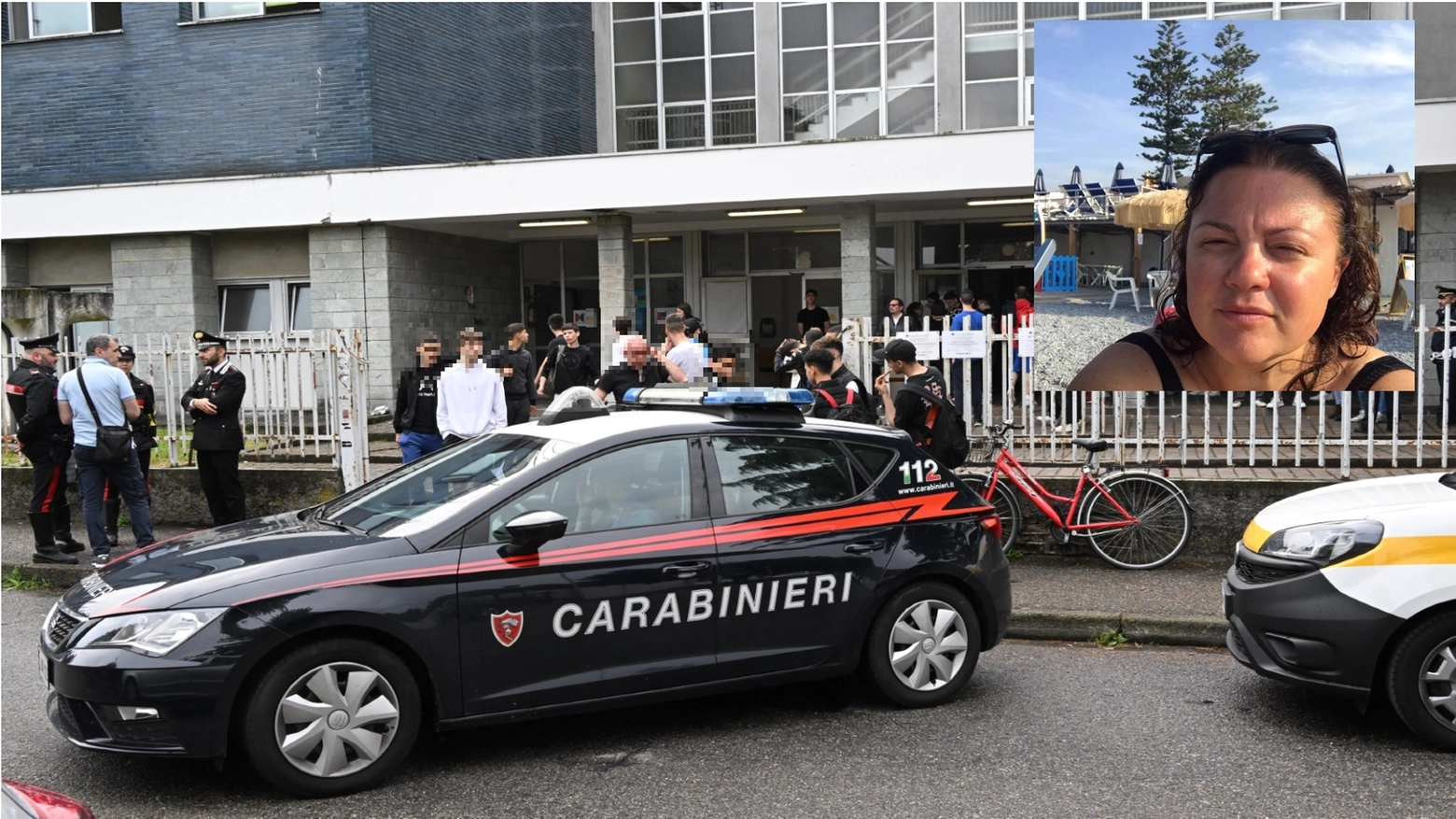 Carabinieri davanti all'Alessandrini; nel riquadro, la professoressa Elisabetta Condò
