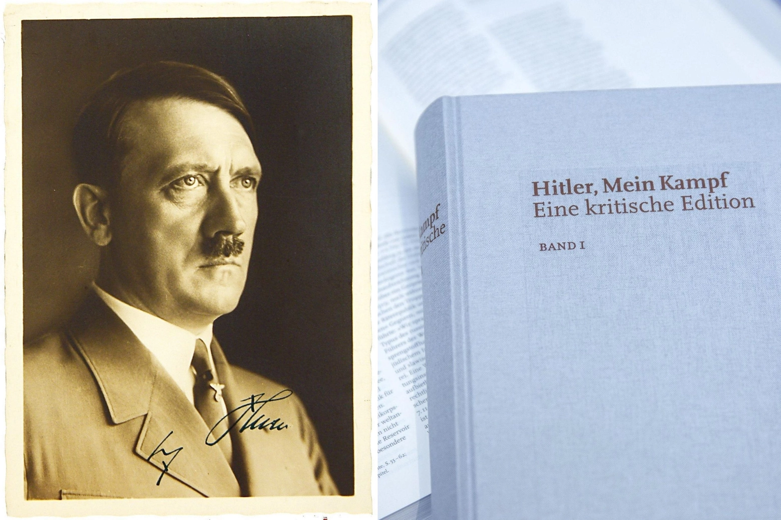 Adolf Hitler e la versione tedesca del 'Mein Kampf' (Ansa)