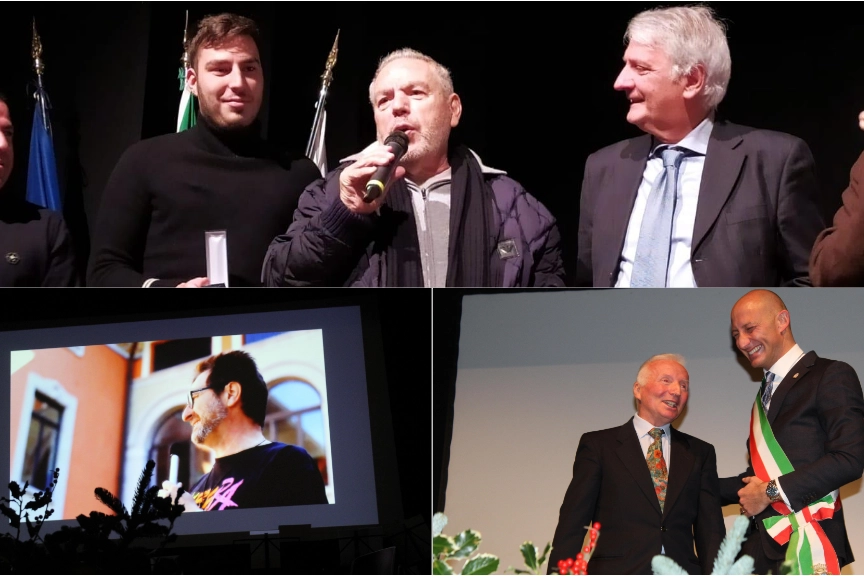 I tre benemeriti: la Calcio Lecco con il patron Paolo Di Nunno, Paolo Cereda ed Mauro Lanfranchi