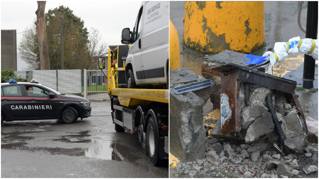 I carabinieri al polo logistico di Settala dopo il furto. A destra, il cancello divelto dai ladri (Foto CANALI)