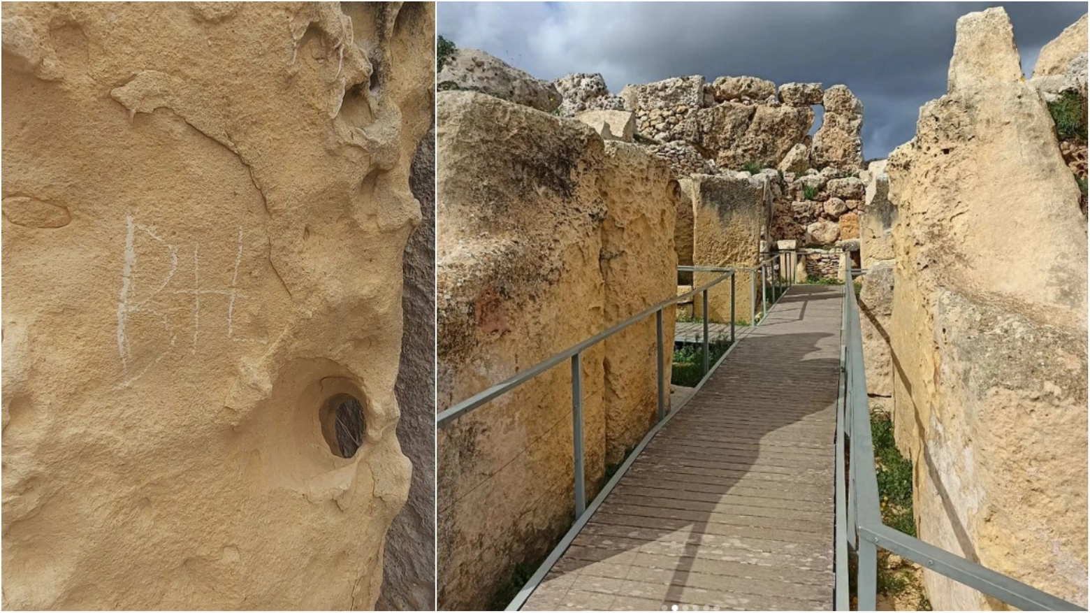 La pietra sfregiata dallo studente varesino e uno scorcio del complesso di Gigantia a Gozo