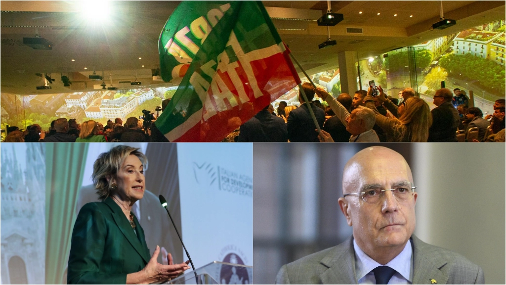 Bandiere di Forza Italia cal congresso. Sotto, Letizia Moratti e Gabriele Albertini