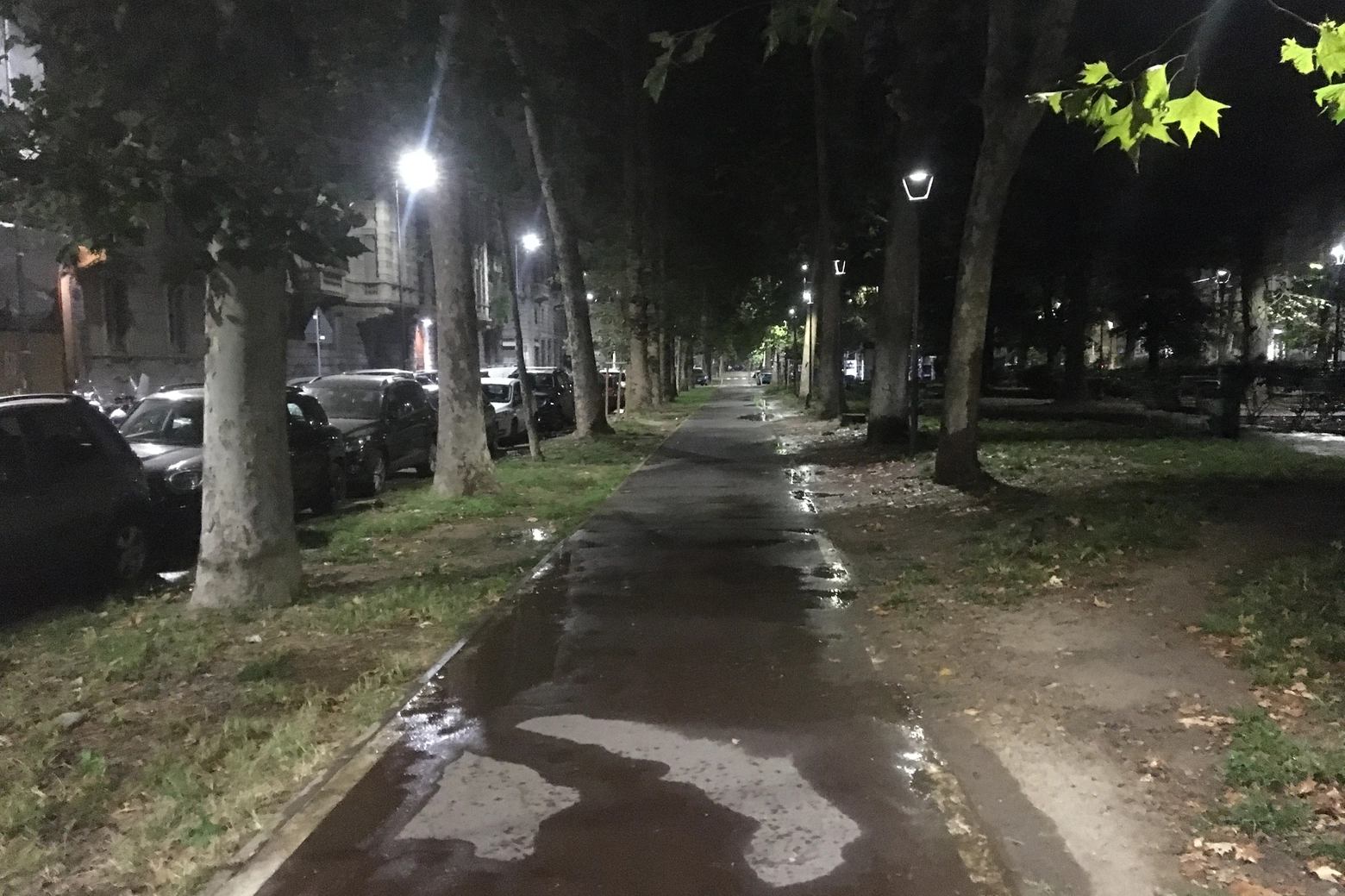 La ciclabile di via Morgagni dopo il consueto allagamento post irrigazione notturno