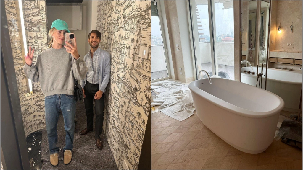 Chiara Ferragni con l'architetto e amico Filippo Fiora e, a destra, un dettaglio del bagno