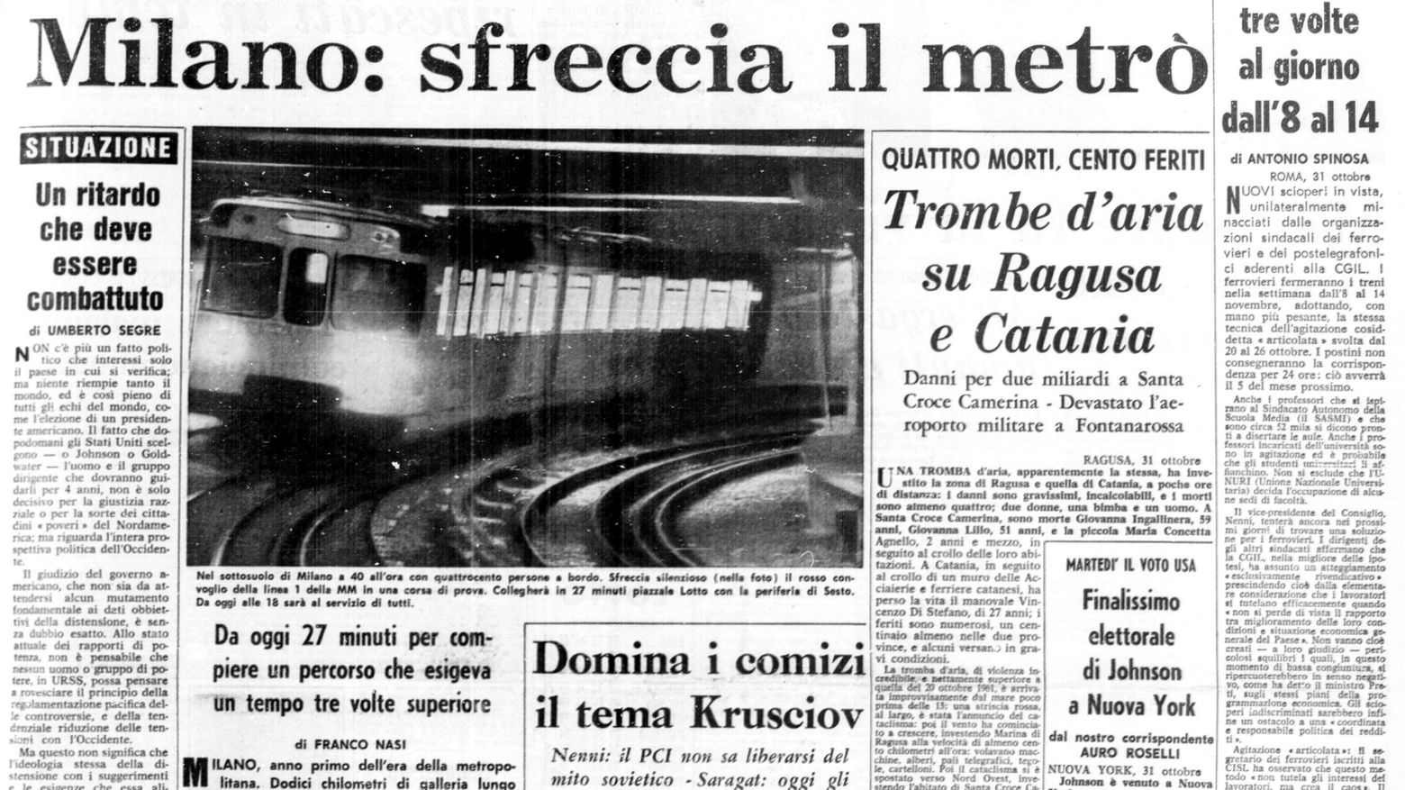Prima pagine de Il Giorno l'1° novembre 1964, inaugurazione metropolitana rossa