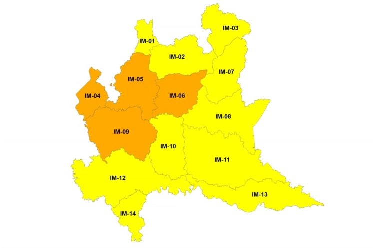 La mappa dell'allerta meteo in Lombardia (sito Protezione Civile Lombardia)