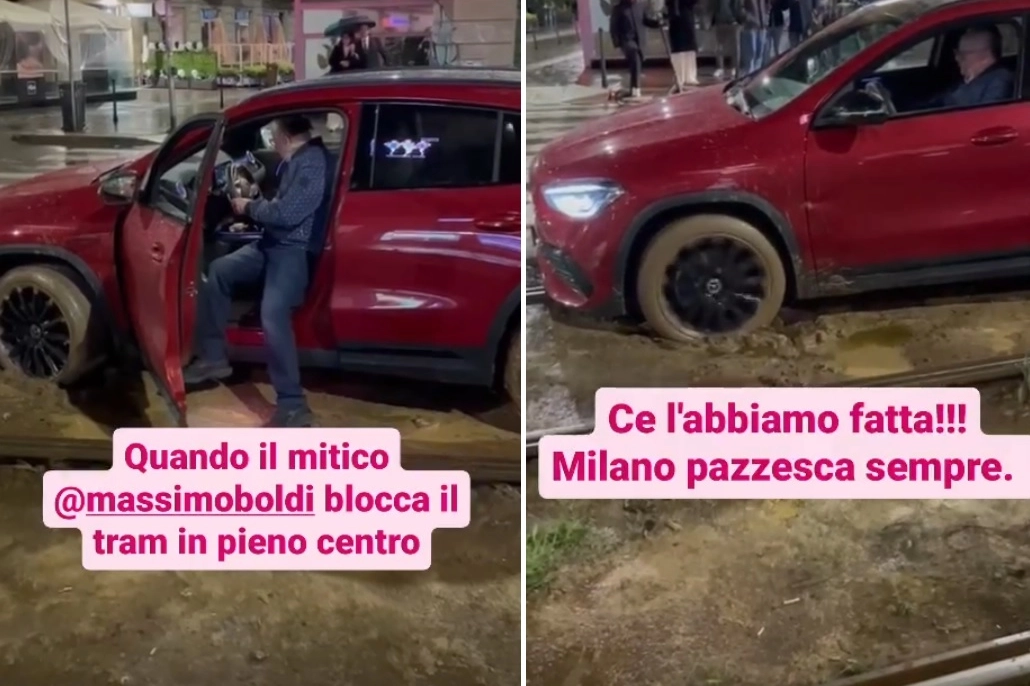 Due momenti della disavventura di Massimo Boldi con l'auto
