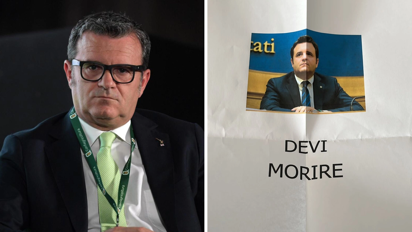 Gian Marco Centinaio e (a destra) la lettera minatoria