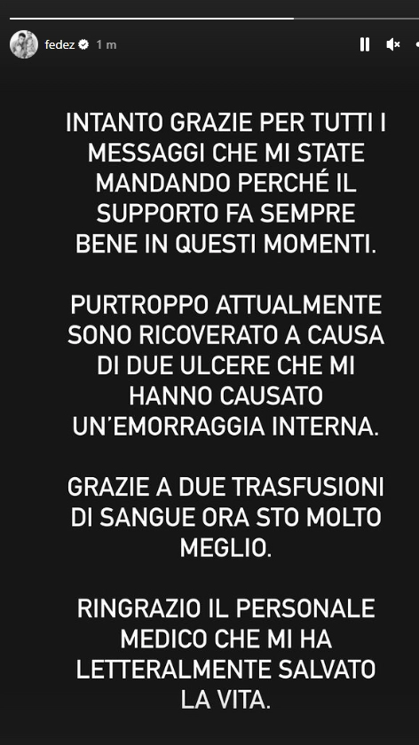 Fedez, il messaggio su Instagram dopo il ricovero