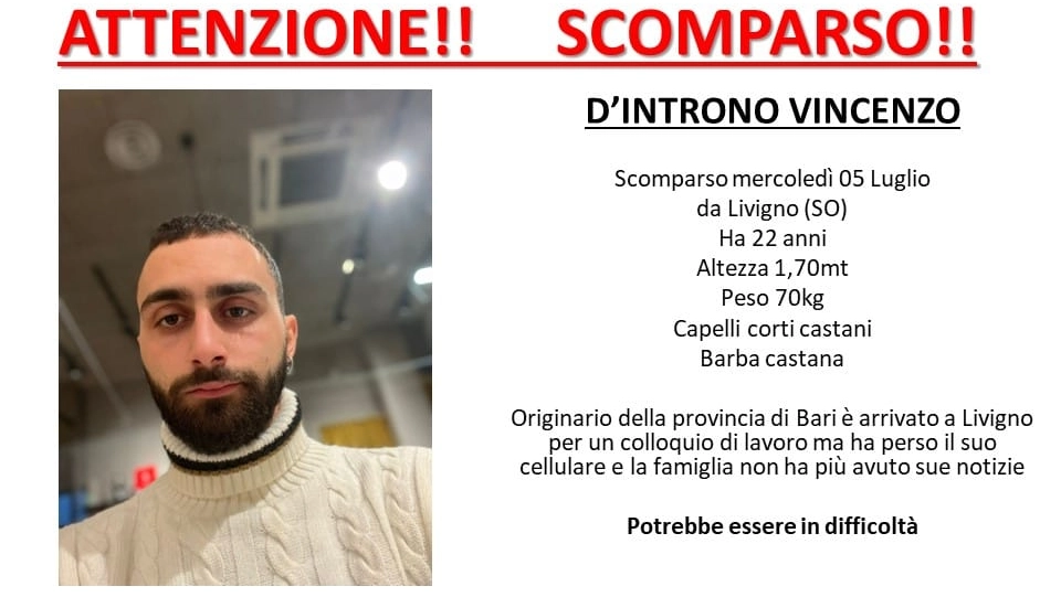 L'appello per ritrovare Vincenzo D'Introno