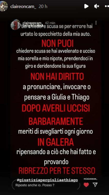 La storia su Instagram pubblicata da Chiara Tramontano