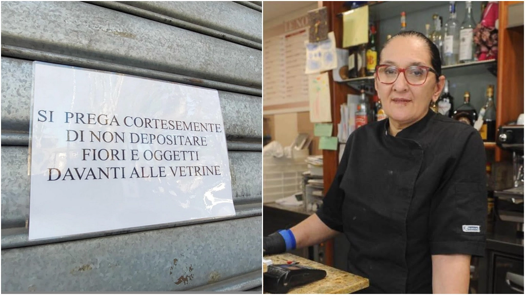 L'avviso sulla saracinesca della pizzeria Le Vignole. A destra, Giovanna Pedretti