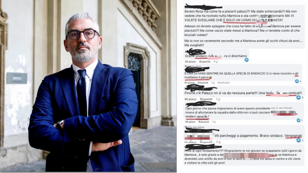 Il sindaco Mattia Palazzi; a sinistra, lo screenshot con gli insulti Il sindaco Mattia Palazzi; a sinistra, lo screenshot con gli insulti