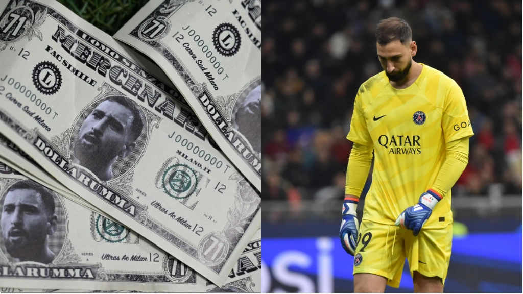 Le banconote con il volto di Donnarumma e la scritta "mercenario" lanciate ieri a San Siro, a destra il portiere