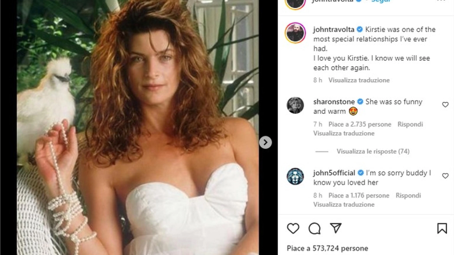 Il post di Travolta in ricordo di Kirstie Alley dal profilo Instagram di Travolta (Ansa)