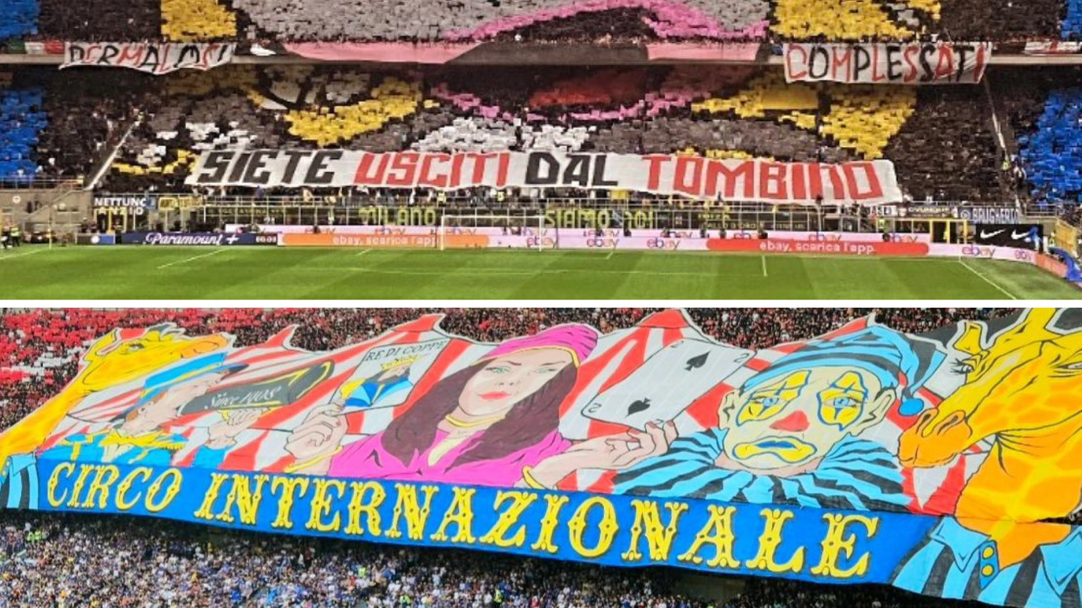 A sinistra la coreografia dell'Inter "Siete usciti dal tombino", a destra quella del Milan "Circo internazionale"