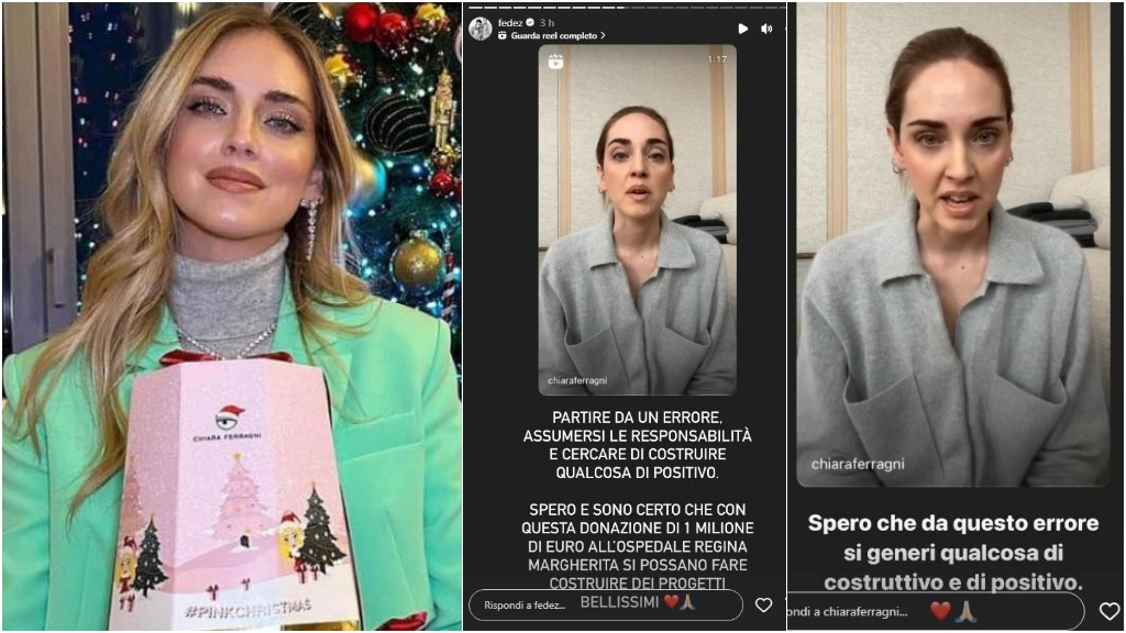 Chiara Ferragni con il pandoro Balocco Pink Christmas. E il video di scuse pubblicato su Instagram dall'imprenditrice (al centro il repost di Fedez)