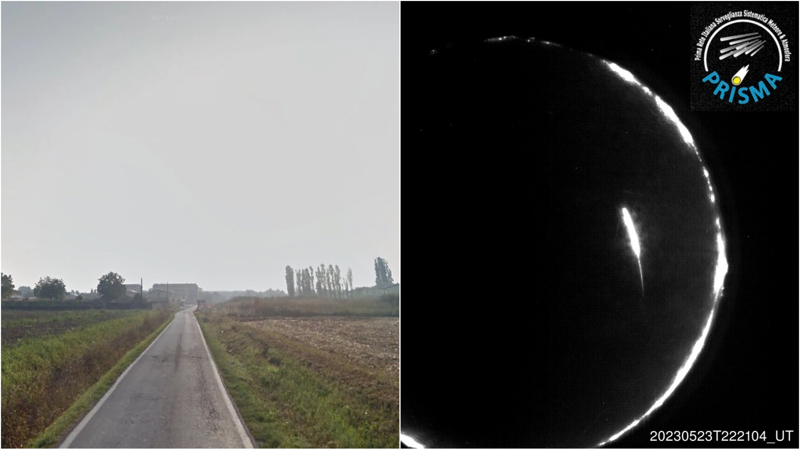Il territorio di Sospiro (Cremona) dove verranno cercati i resti della meteora. Accanto, il bolide inquadrato dalle camere di Prisma nella notte del 24 maggio