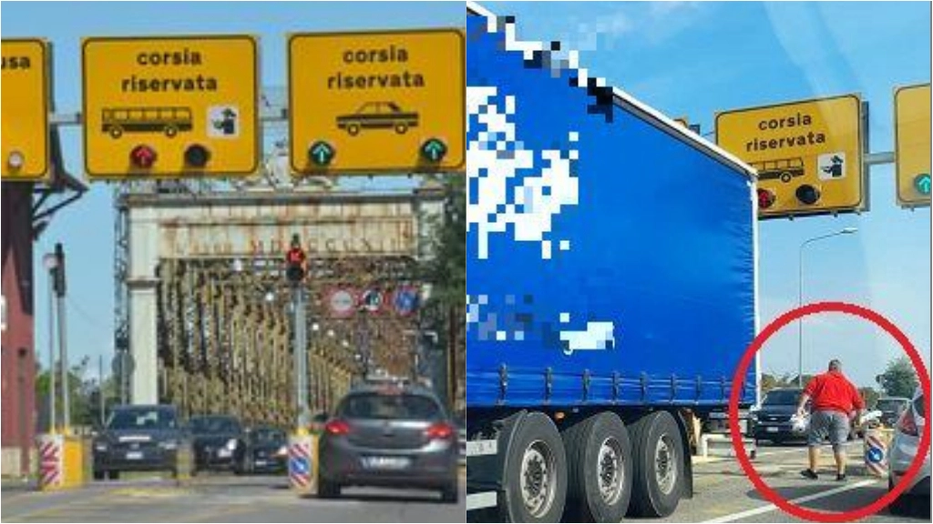 Ponte della Becca vietato ai mezzi pesanti, a destra camionista immortalato mentre spostava la sbarra