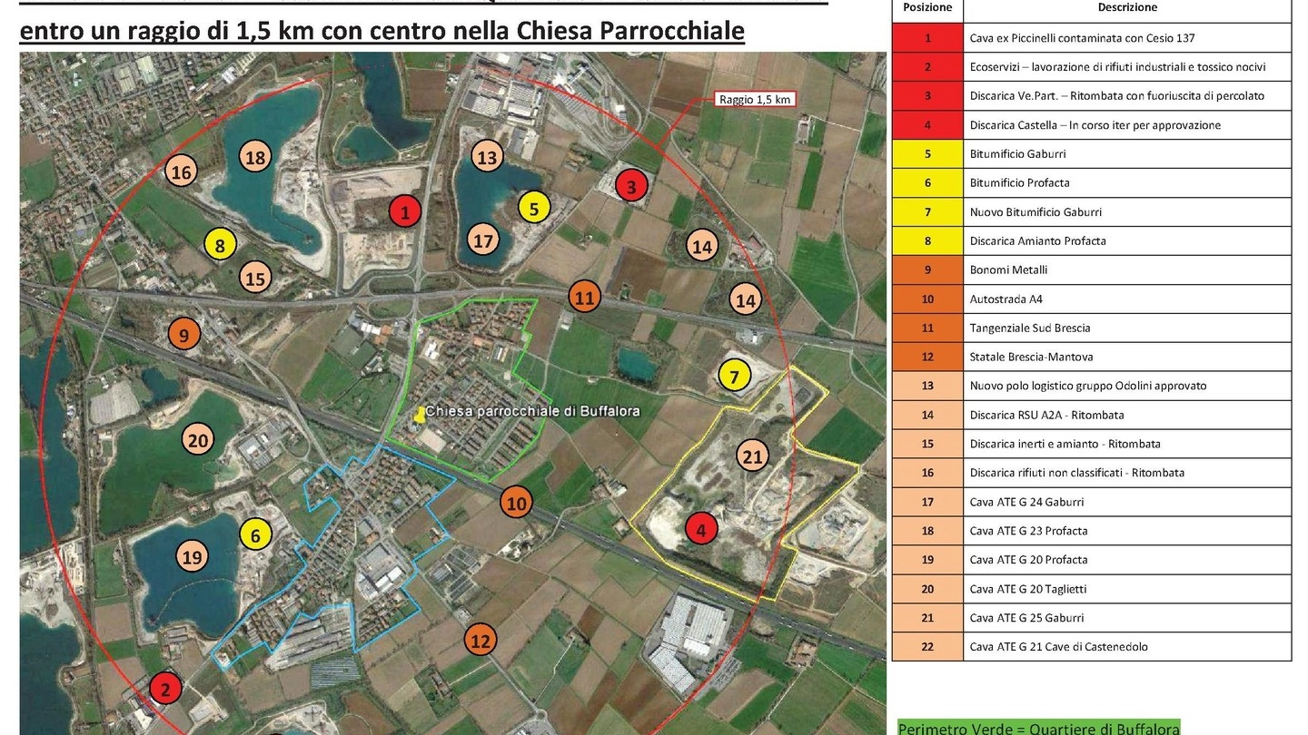 La cartina con segnati tutti i punti critici a livello ambientale attorno a Brescia