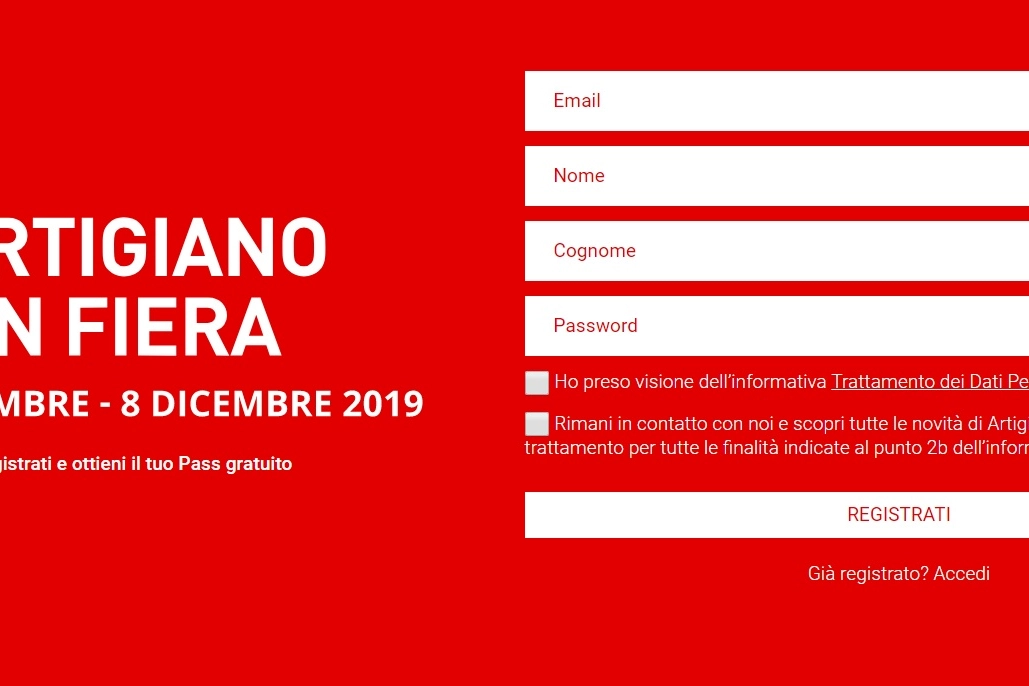 La schermata di registrazione per chiedere il pass (da artigianoinfiera.it)
