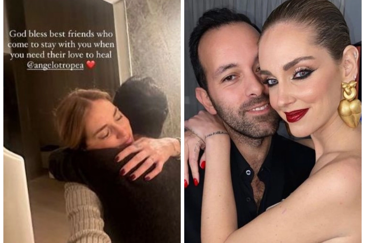 Angelo Tropea e Chiara Ferragni (a sinistra una delle ultime Stories Instagram, a destra a Sanremo 2023)