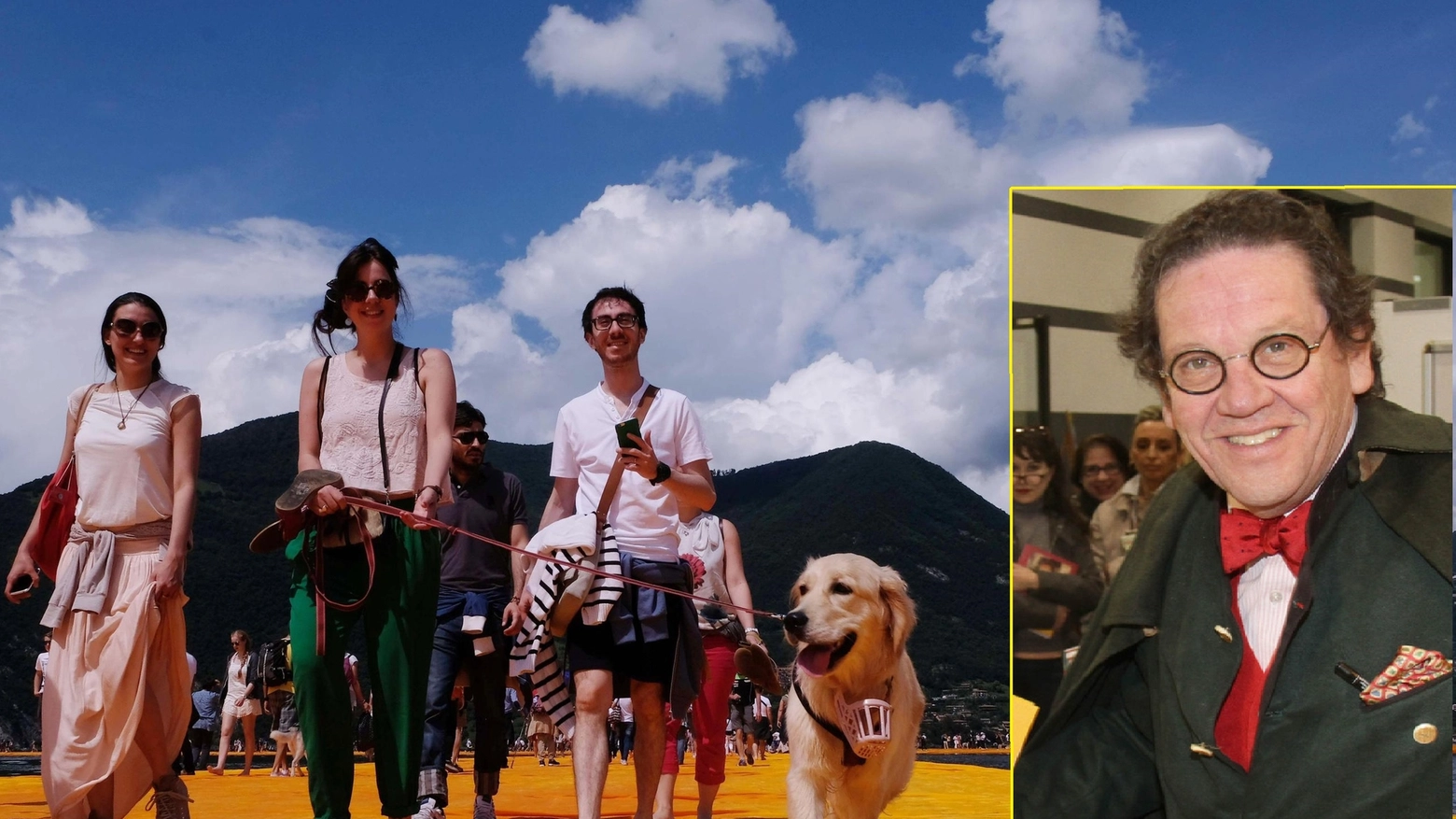 A piedi nudi con il cane sul ponte di Christo, a destra Daverio A piedi nudi con il cane sul ponte di Christo, a destra Daverio