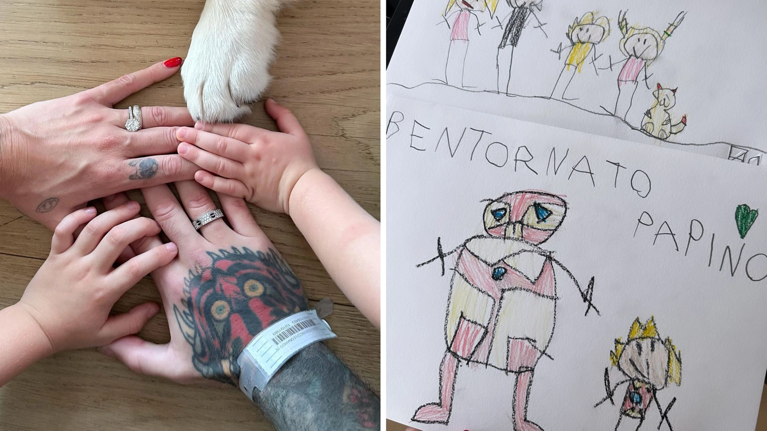 La foto con tutta la famiglia dopo il ritorno a casa di Fedez, a sinistra, e i disegni che i figli Leone e Vittoria hanno dedicato al padre