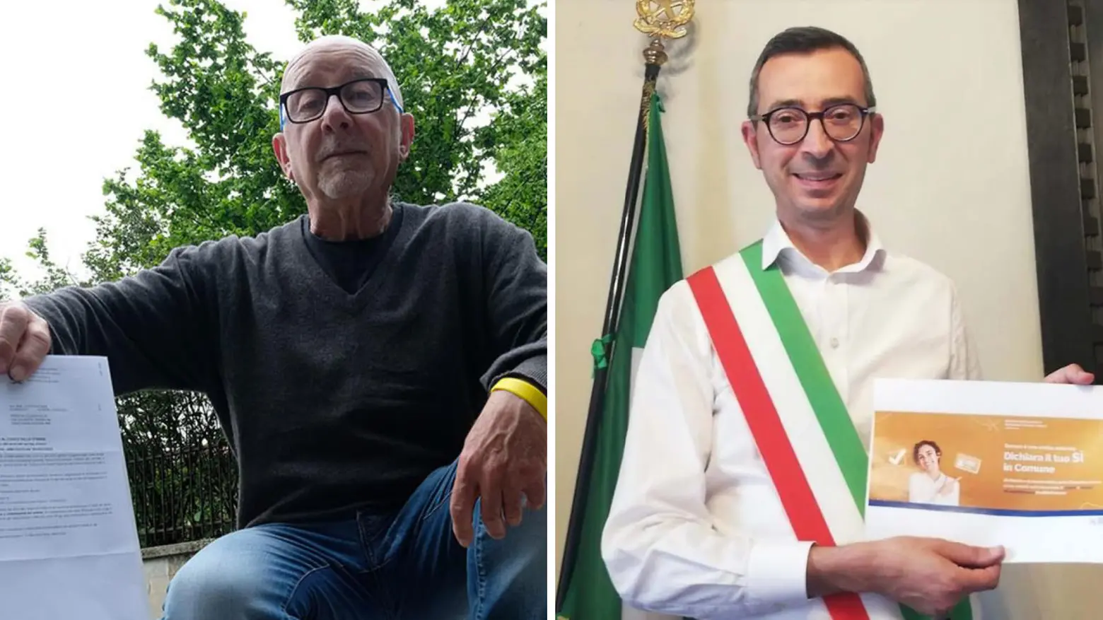 Il pensionato Claudio Trenta, 72 anni, che ha riparato la buca (a sinistra) e il sindaco Piermario Galli
