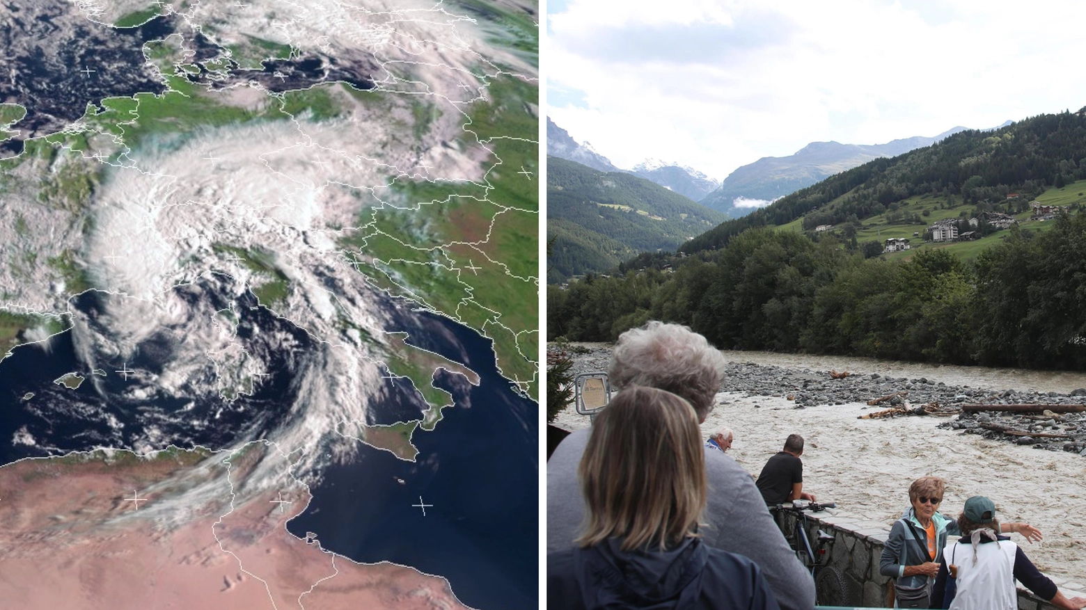 Il ciclone Rea che ha colpito l'Italia negli ultimi giorni e, a destra, l'ingrossamento del fiume Adda