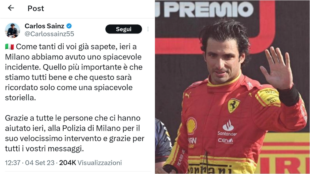 Sainz e il tweet pubblicato in merito alla rapina subita a Milano