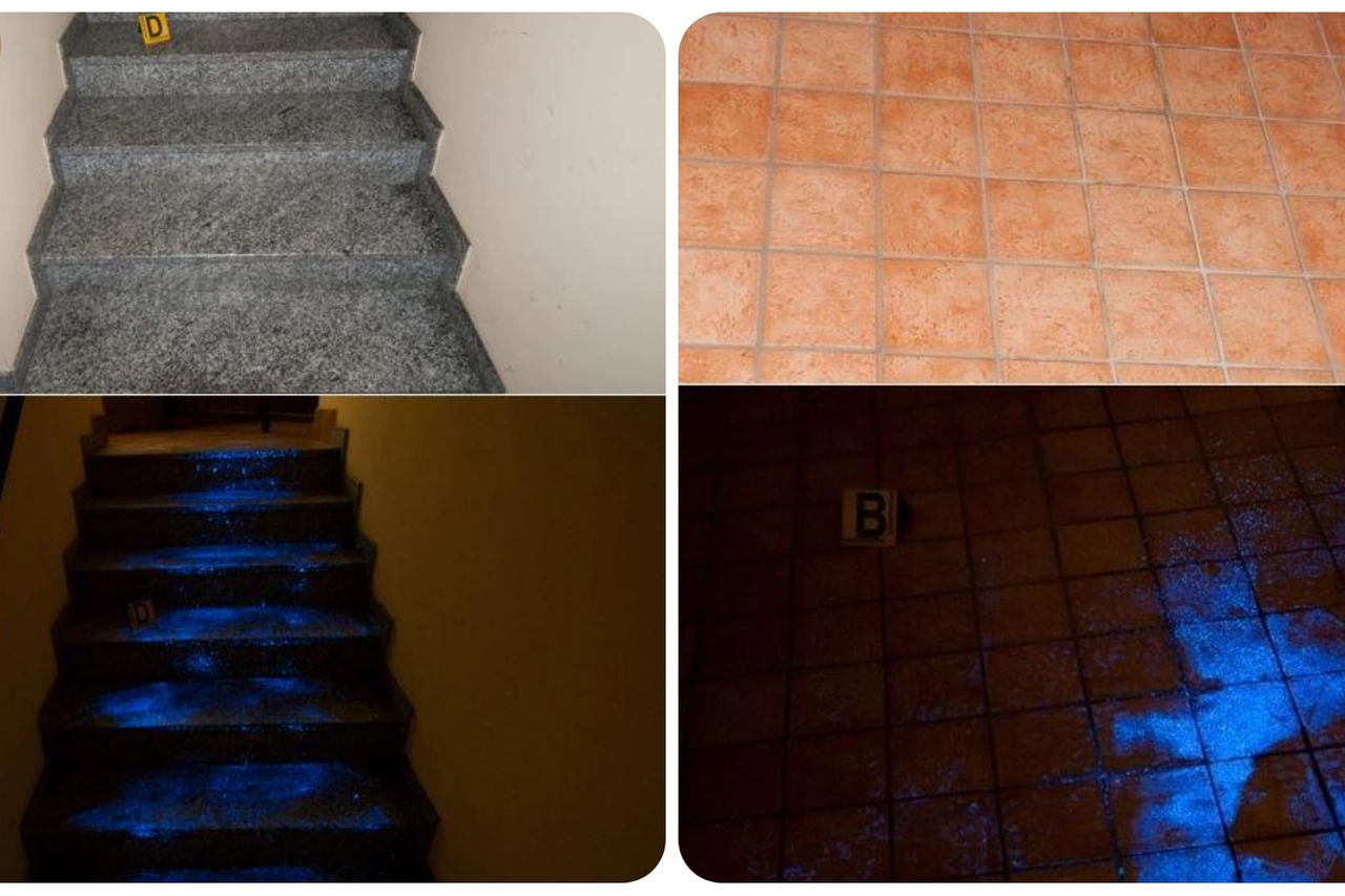 Sopralluogo a Senago, parti della casa senza e con il luminol
