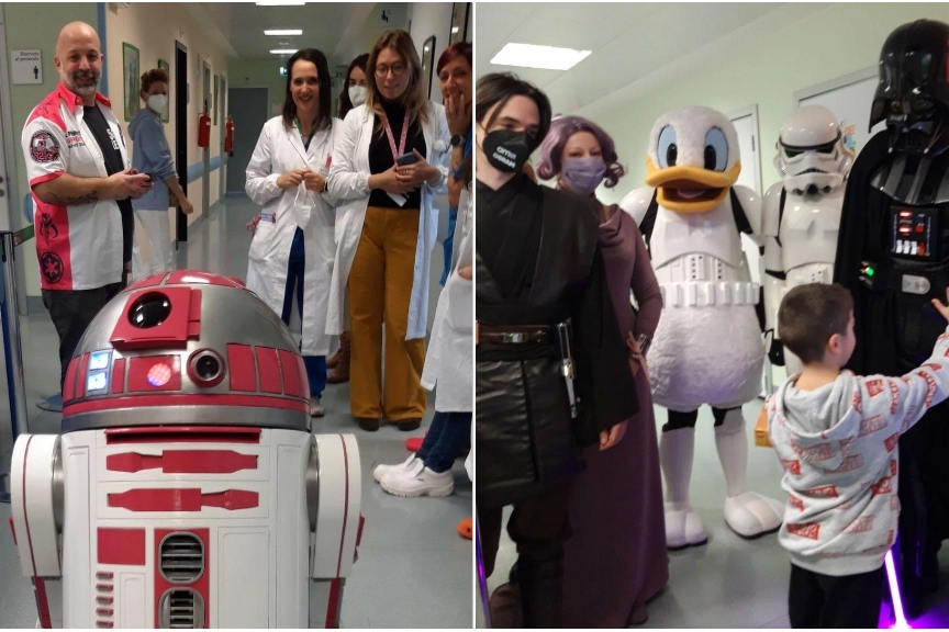 Due momenti della visita dei personaggi di Star Wars al Niguarda