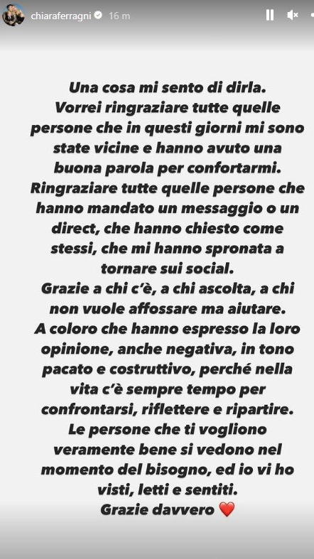 Il post di Chiara Ferragni nelle stories di Instagram