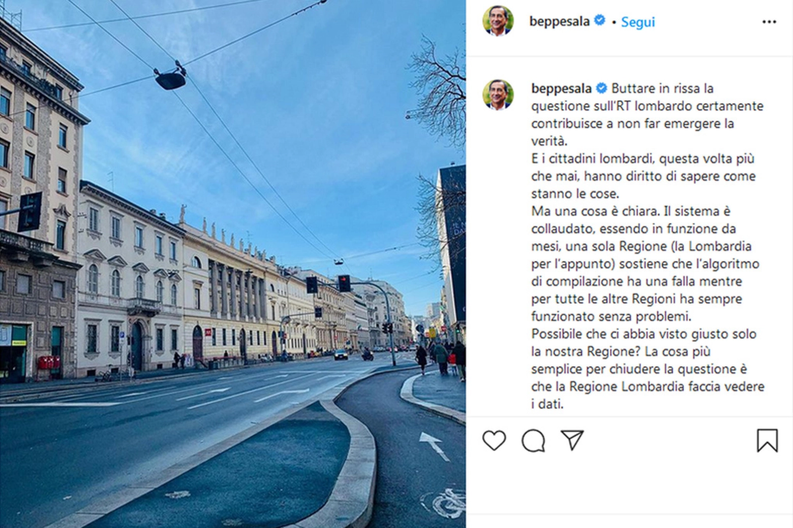 Il post Instagram di Giuseppe Sala