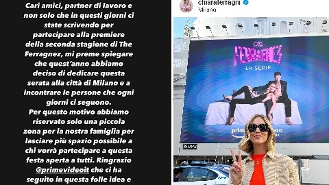 Chiara Ferragni davanti al cartellone della serie e, a sinistra, una precisazione sulla premiere