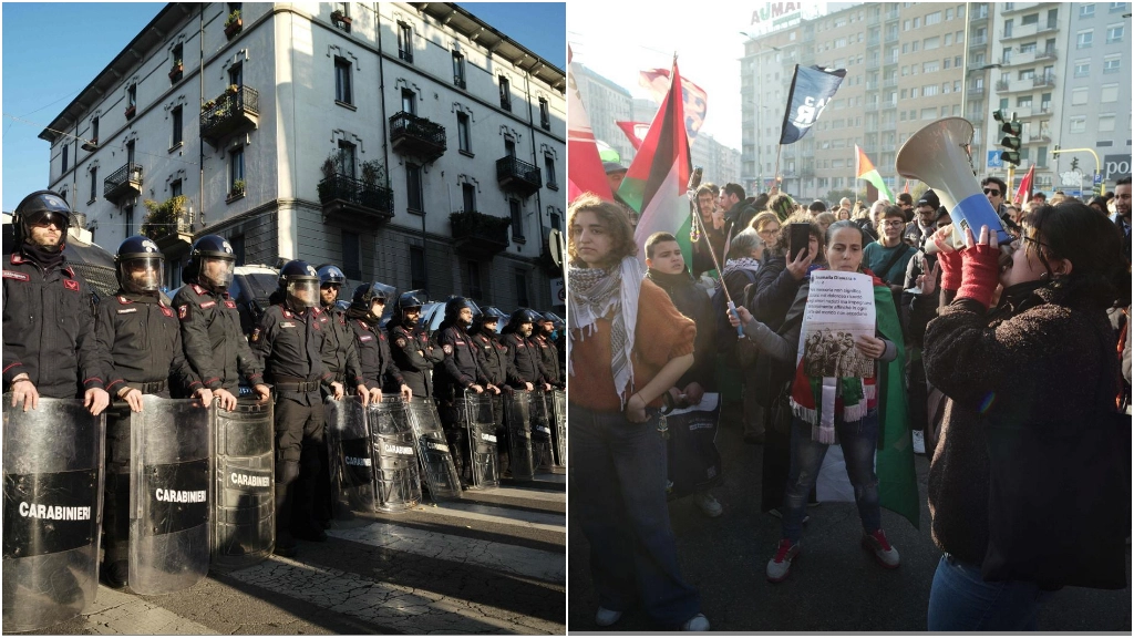 A sinistra, lo sbarramento dei carabinieri in via Bambaia. A destra, un gruppo di manifestanti in via Padova (Foto Canella)