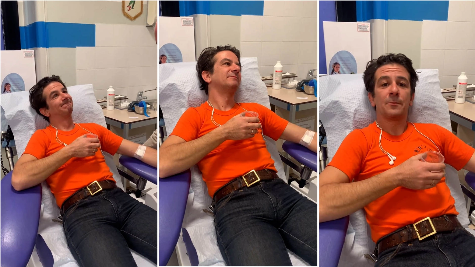 Alcuni frame dal video pubblicato da Avis con Francesco Mandelli che dona il sangue