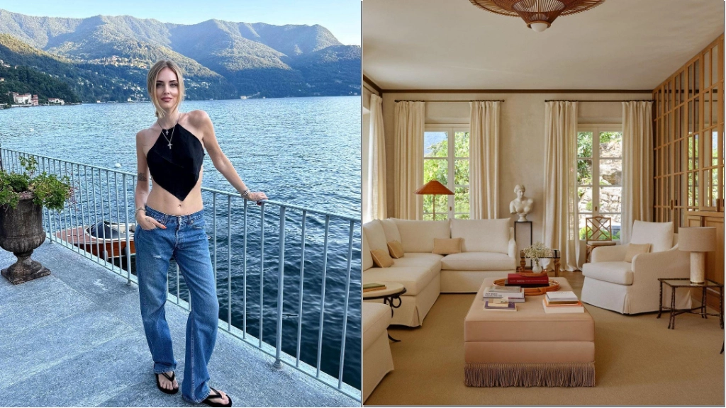 Chiara Ferragni sulla terrazza della villa e, a destra, il soggiorno (foto da Instagram)