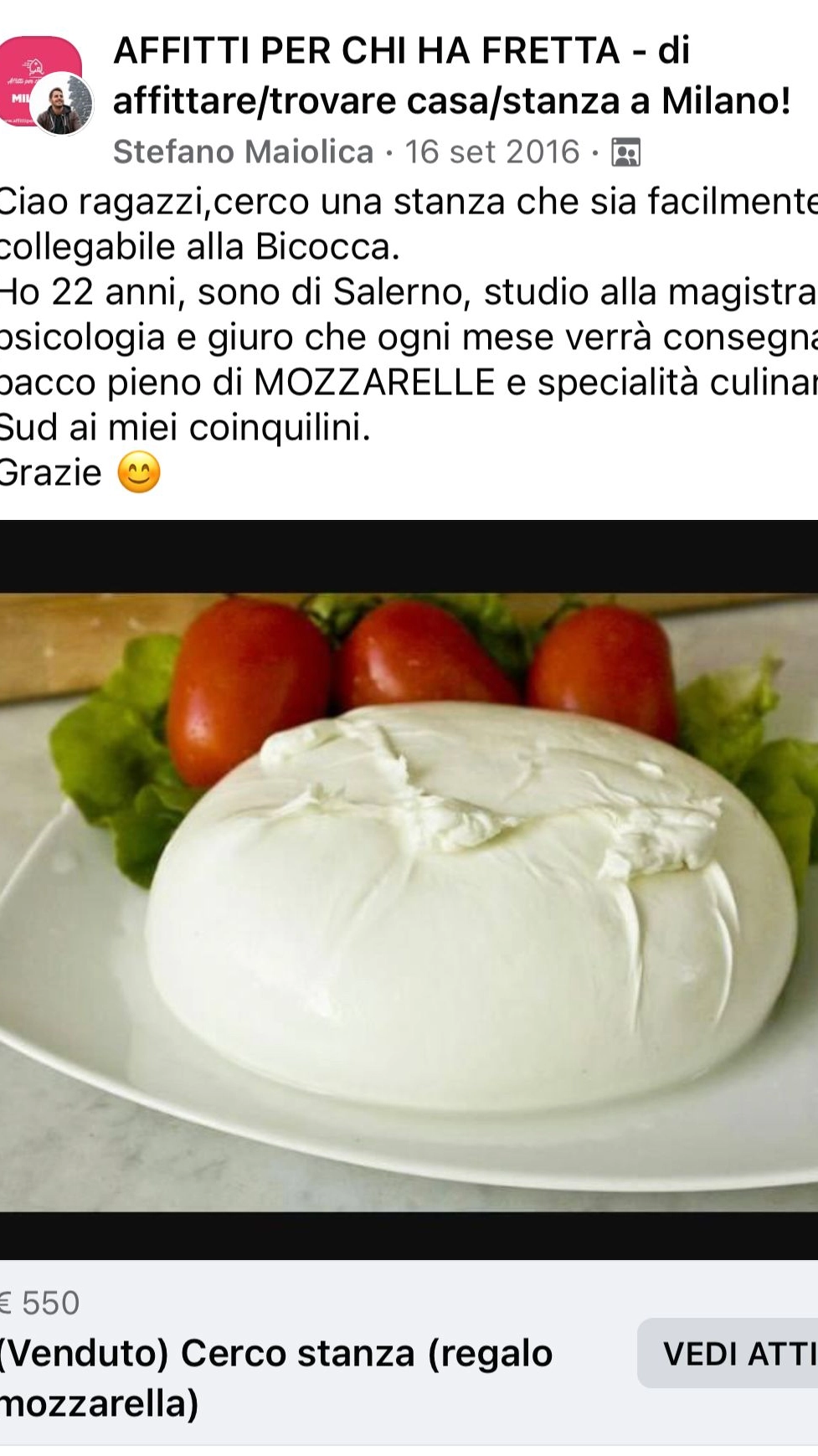 Il post di Stefano Maiolica con la promessa delle mozzarelle