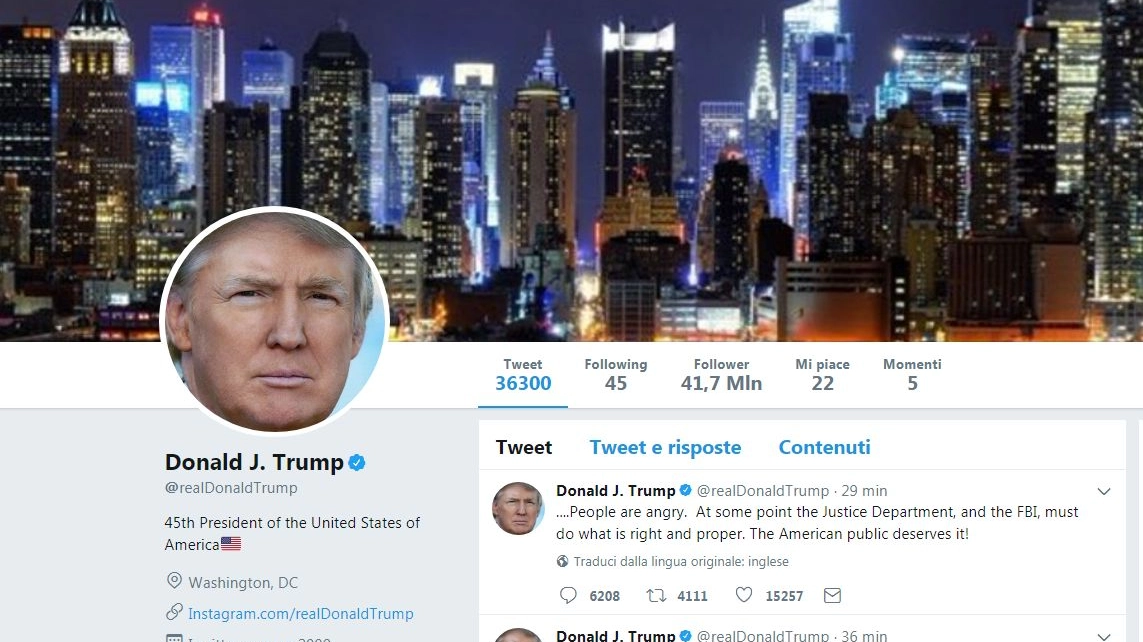 Il profilo Twitter di Donald Trump