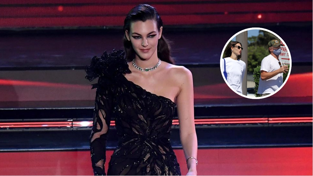 Vittoria Ceretti a Sanremo 2021; nel tondo, a Santa Barbara con Leonardo Di Caprio