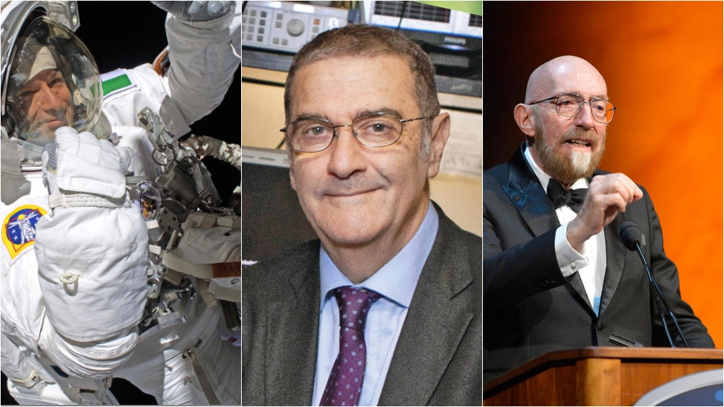 Da sinistra Luca Parmitano, Serge Haroche e Kip Thorne