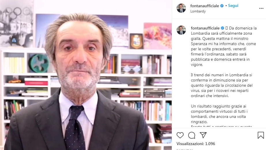 Fontana dà l'annuncio: Lombardia in zona gialla (instagram)