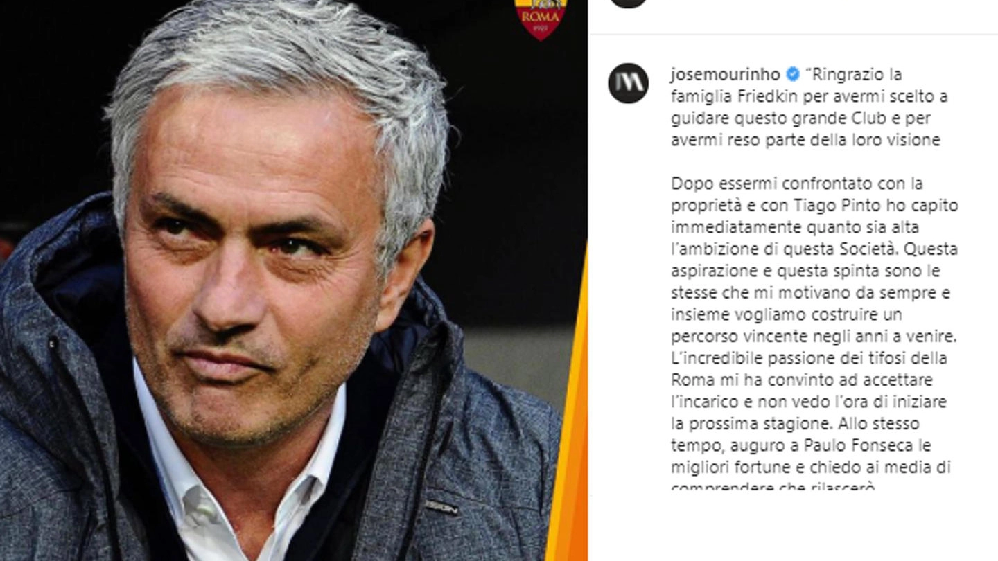 Il post sui social con cui Mourinho ha annunciato l'arrivo a Roma