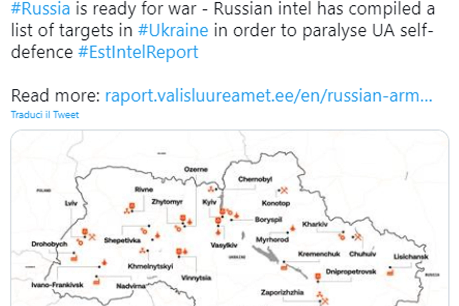 Il Tweet del ministero della Difesa dell'Estonia con la mappa degli obiettivi russi