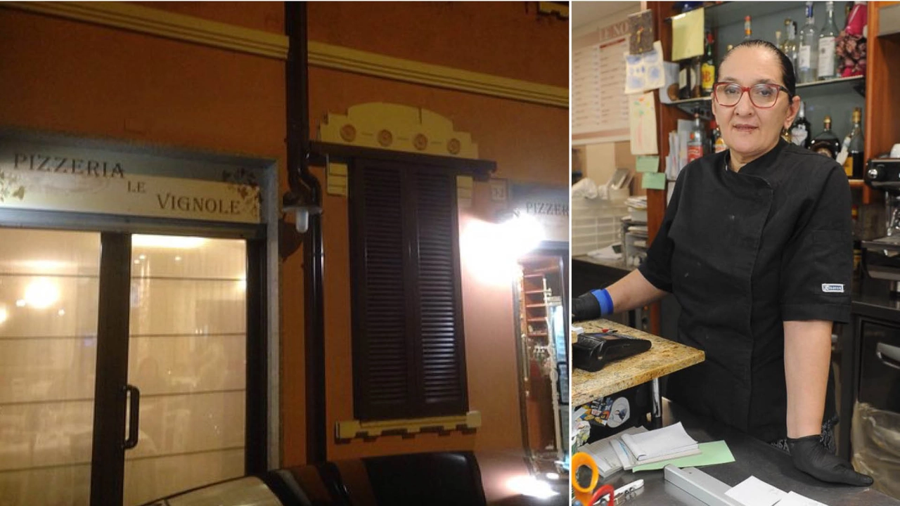 Giovanna Pedretti e la facciata della sua pizzeria a Sant'Angelo Lodigiano